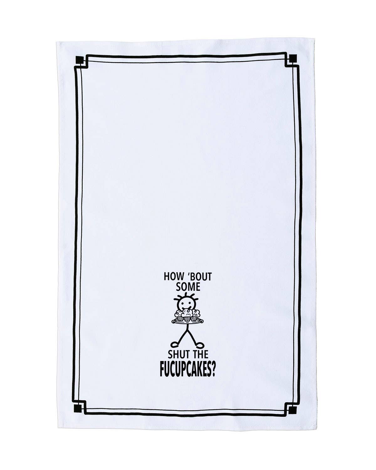 White towel with black text and graphic design on a white background