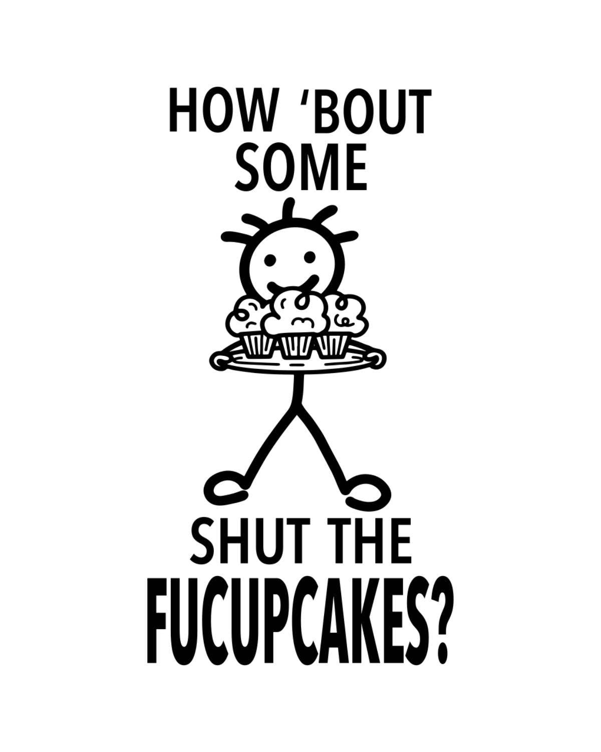 Cartoon character with a tray of cupcakes and text on a white background