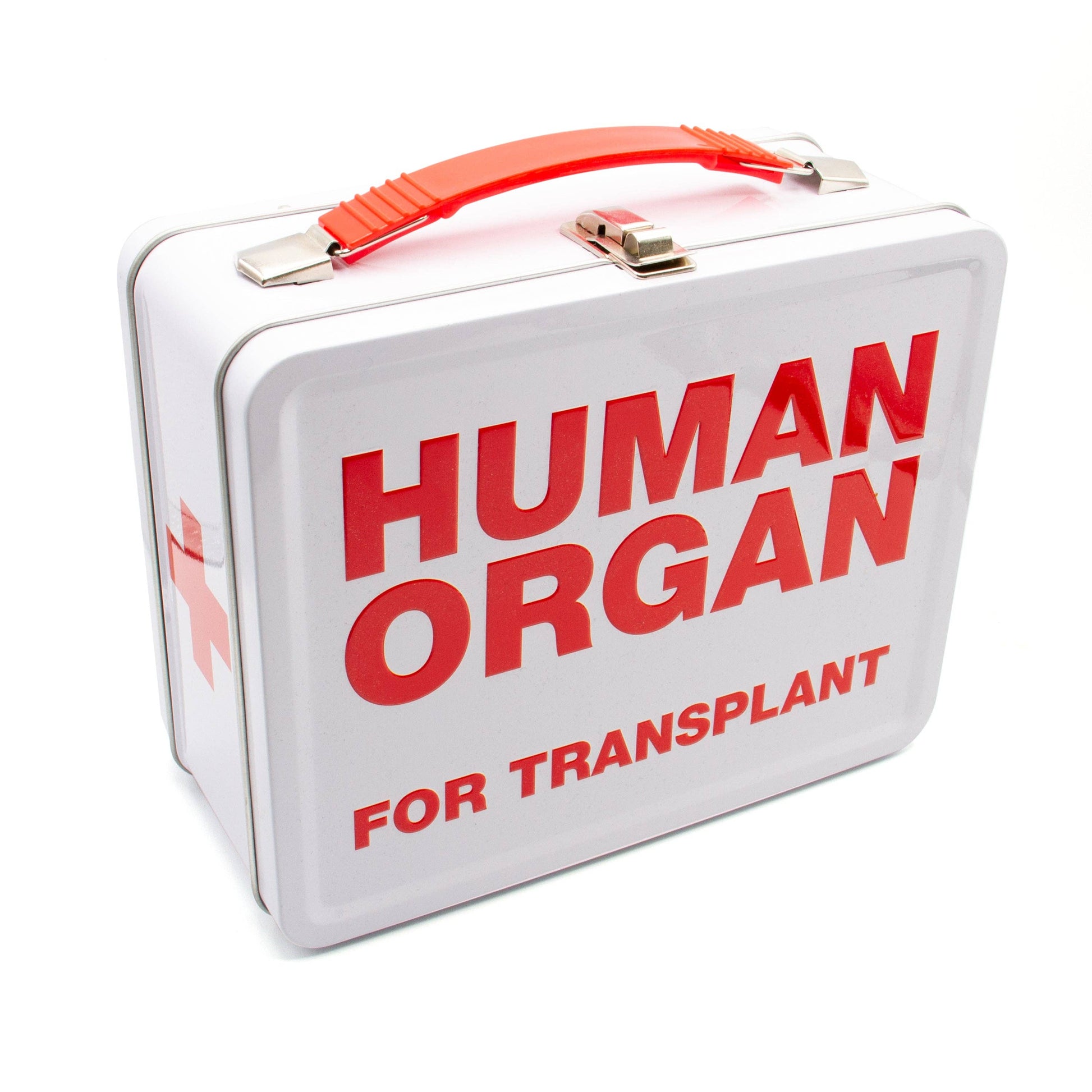 White lunch box with red text 'Human Organ for Transplant' on a white background