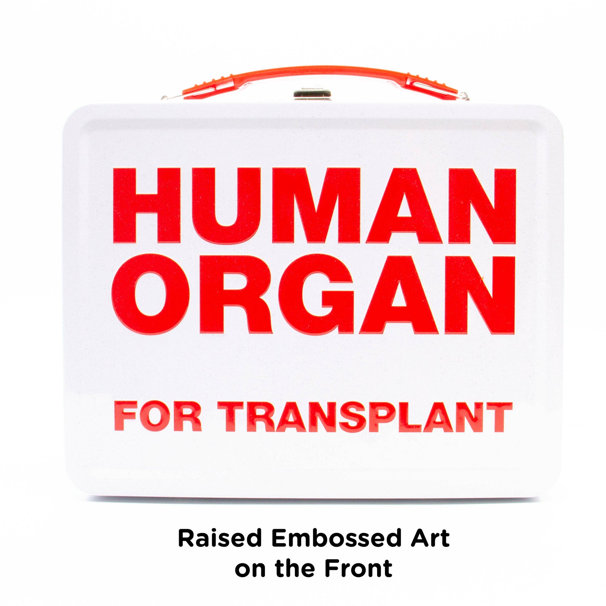 White suitcase with red text 'HUMAN ORGAN FOR TRANSPLANT' on a white background