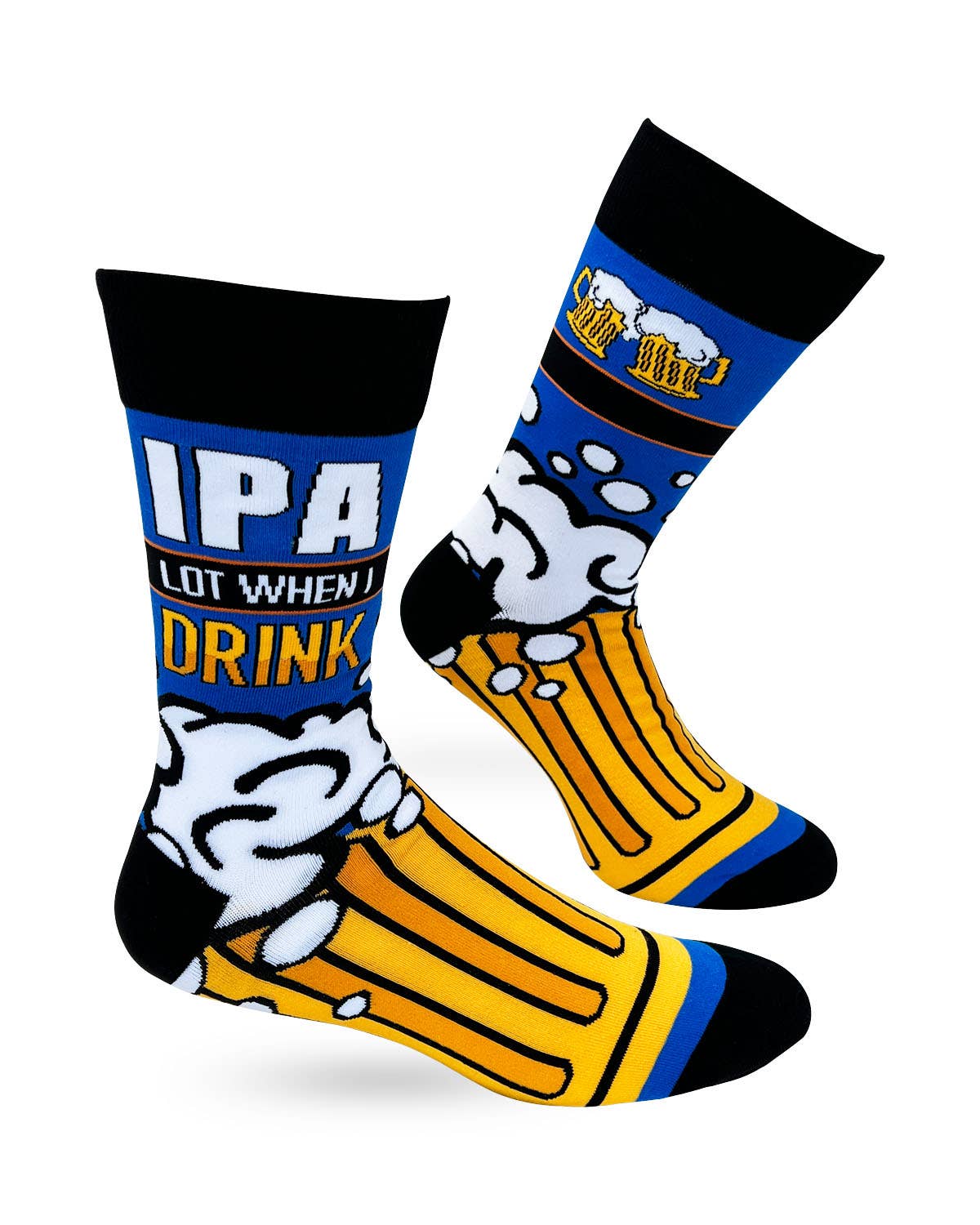 Two socks with a cartoon dog design and text on a white background