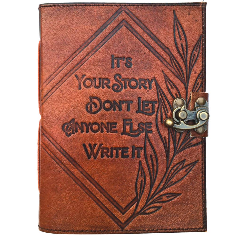 Brown leather journal with embossed text and a latch on a white background