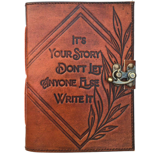 Brown leather journal with embossed text and a latch on a white background