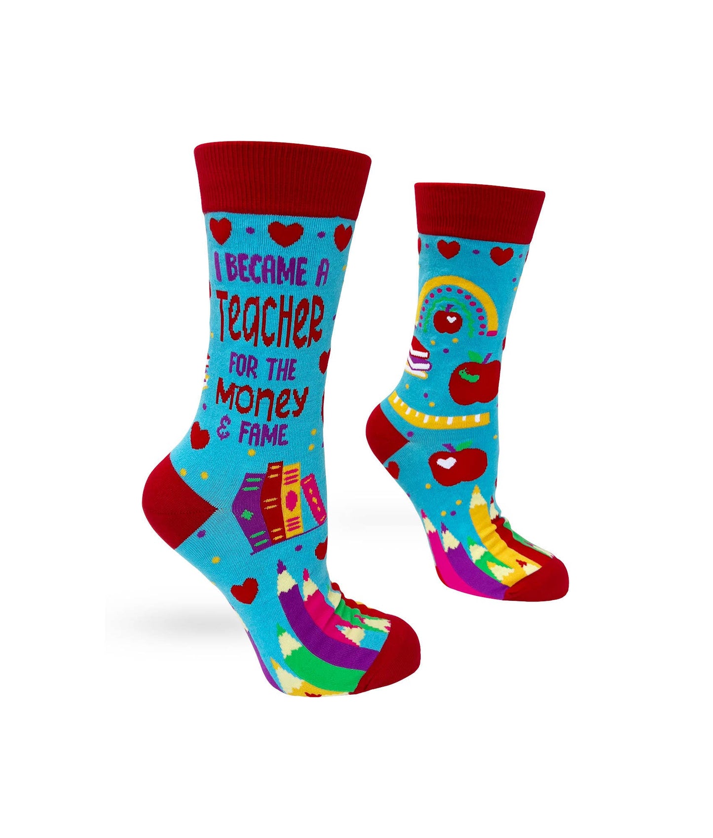 Colorful socks with teacher-themed designs and text on a white background