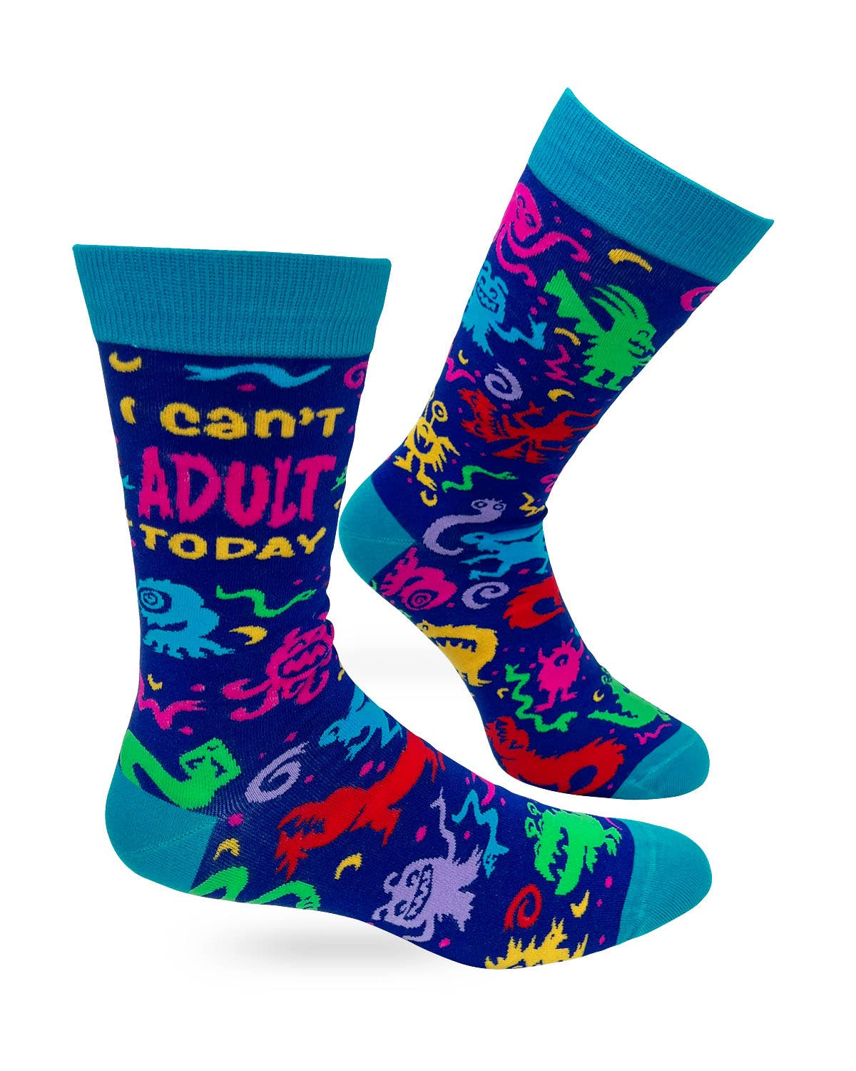 Colorful socks with dinosaur pattern and text 'I can't ADULT TODAY' on a white background