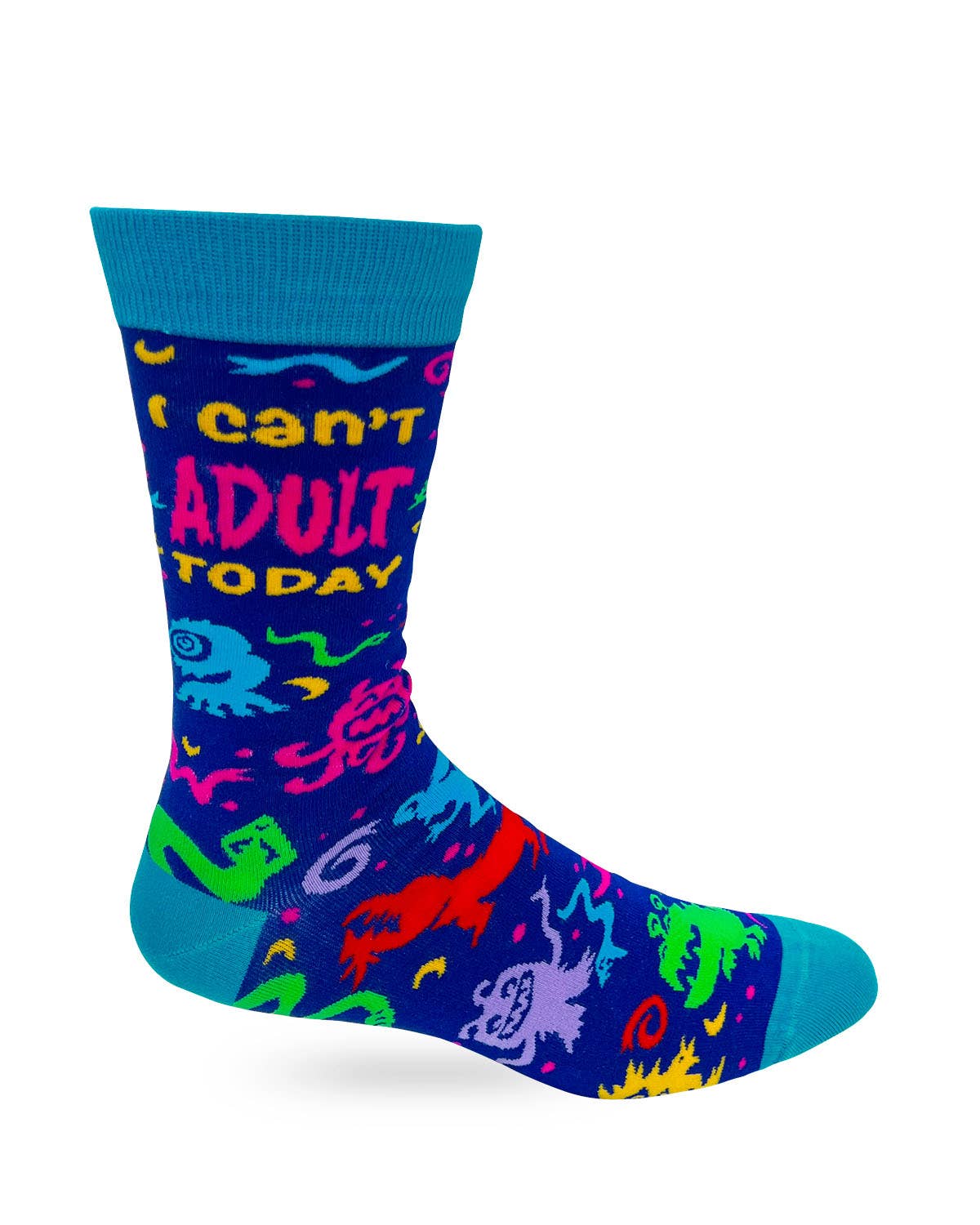 Colorful sock with text and animal designs on a white background