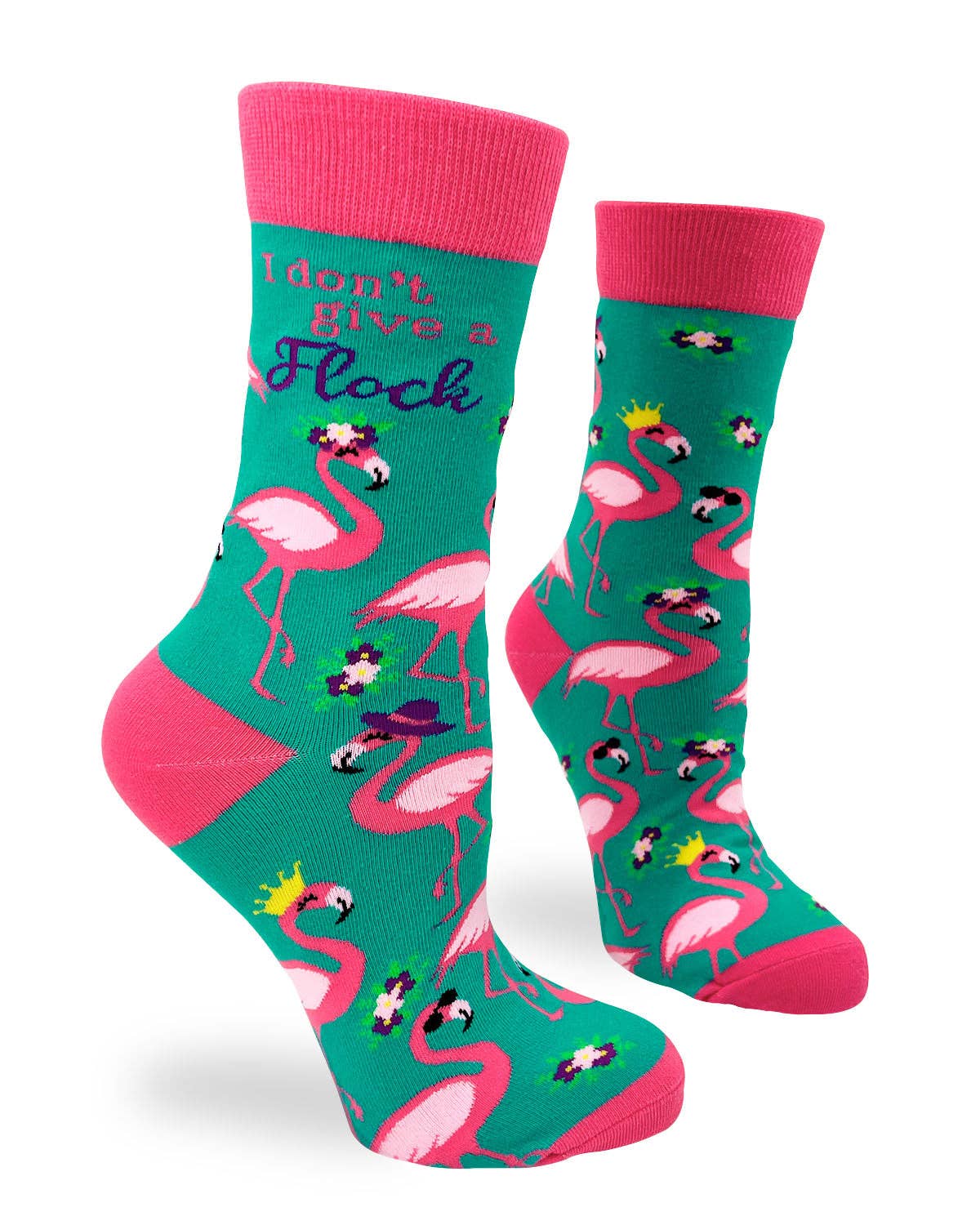 Colorful socks with flamingo design and text 'I don't give a flock' on a white background