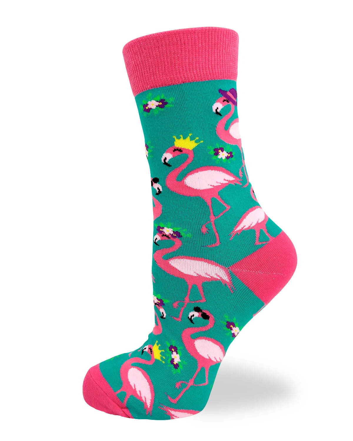 Teal sock with pink flamingo pattern on a white background