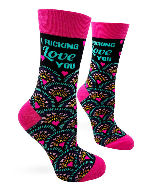 Colorful socks with heart patterns and text on a white background
