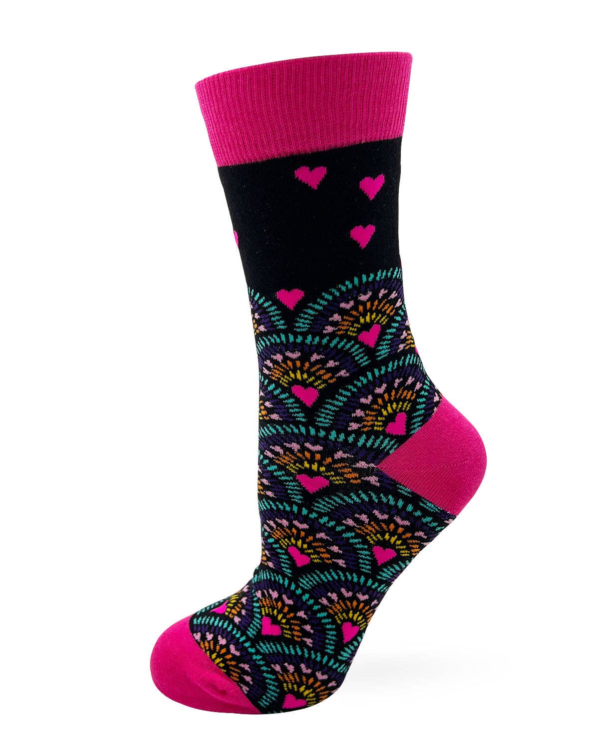 Colorful sock with heart pattern on a white background