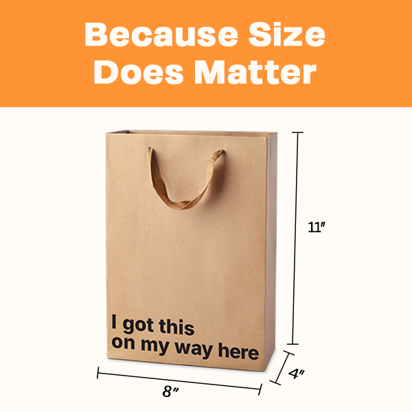 Brown paper bag with text 'I got this on my way here' and dimensions on an orange background