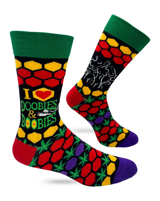 Colorful socks with text and patterns on a white background