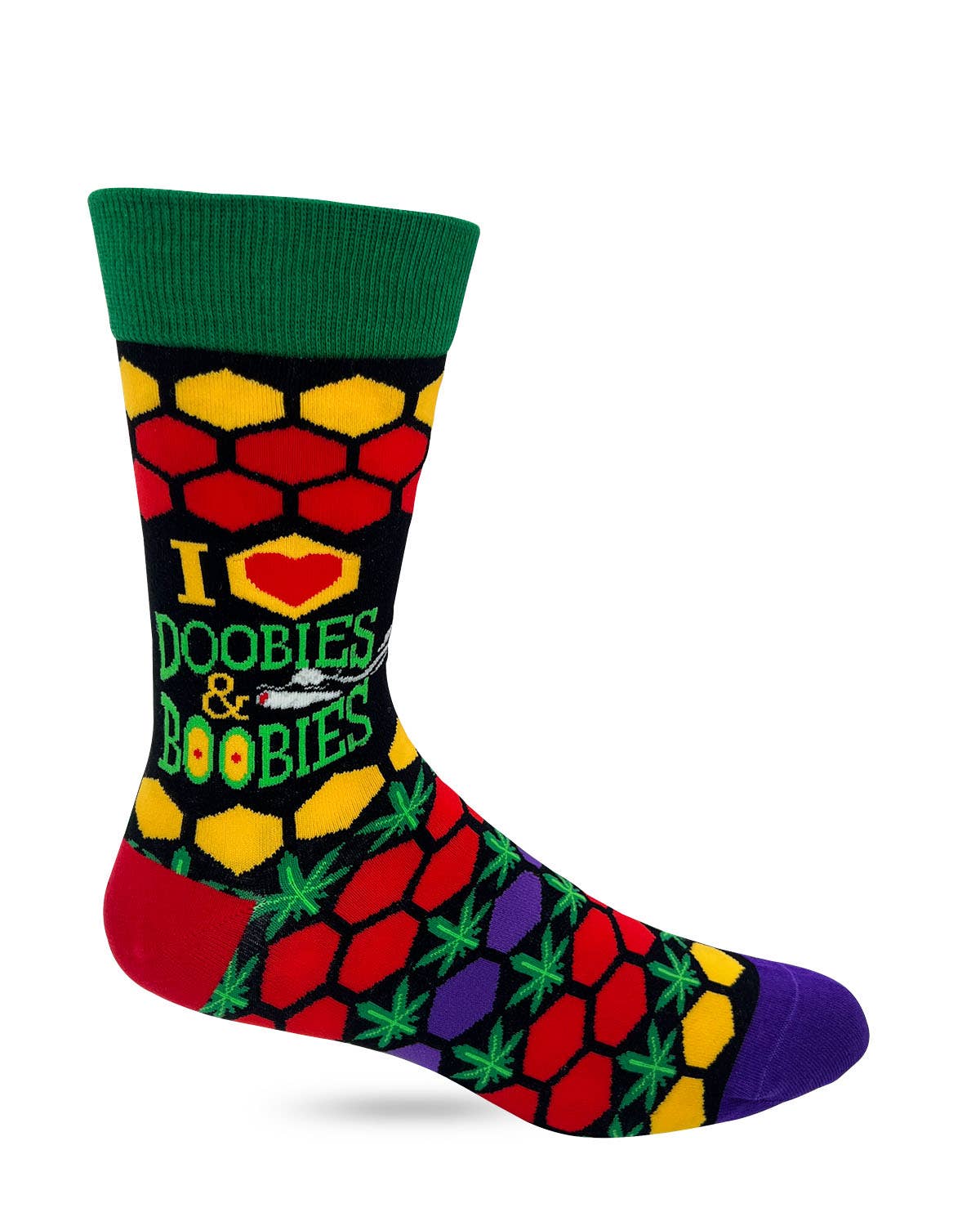 Colorful sock with geometric pattern and text on a white background