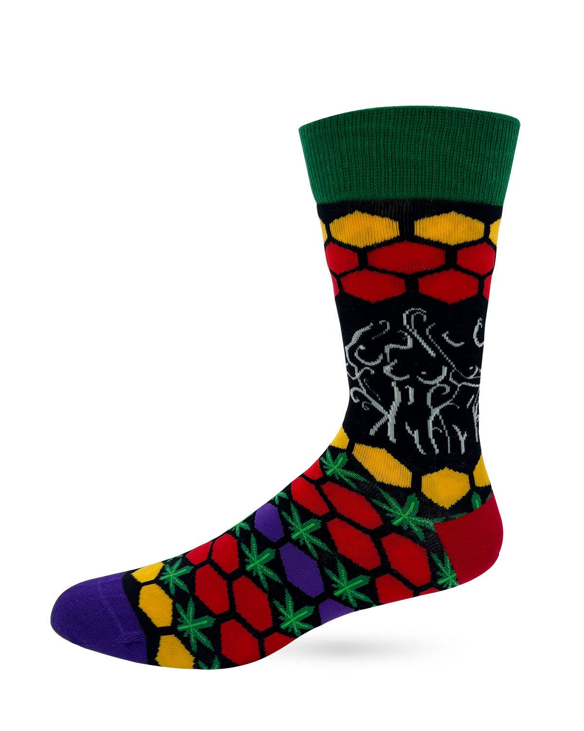 Colorful sock with geometric pattern on a white background