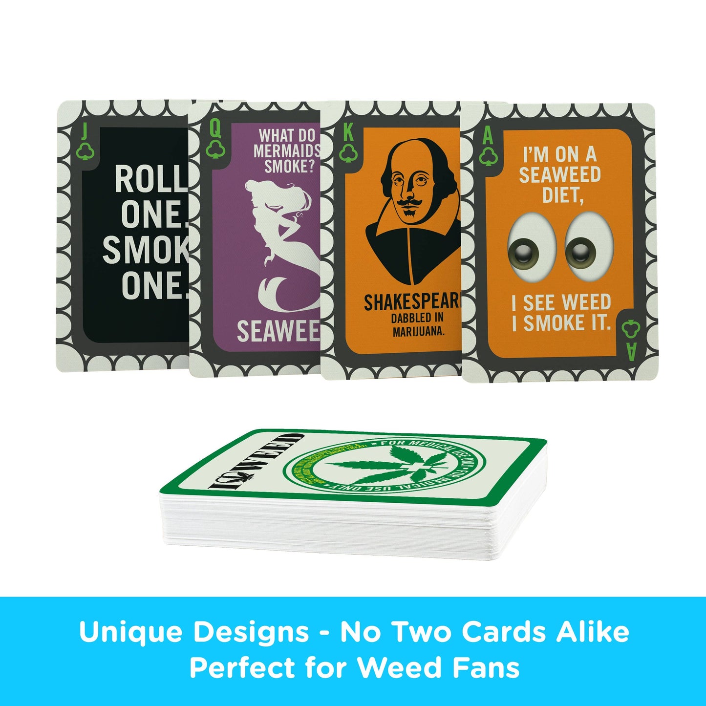 Set of cards with humorous designs on a white background