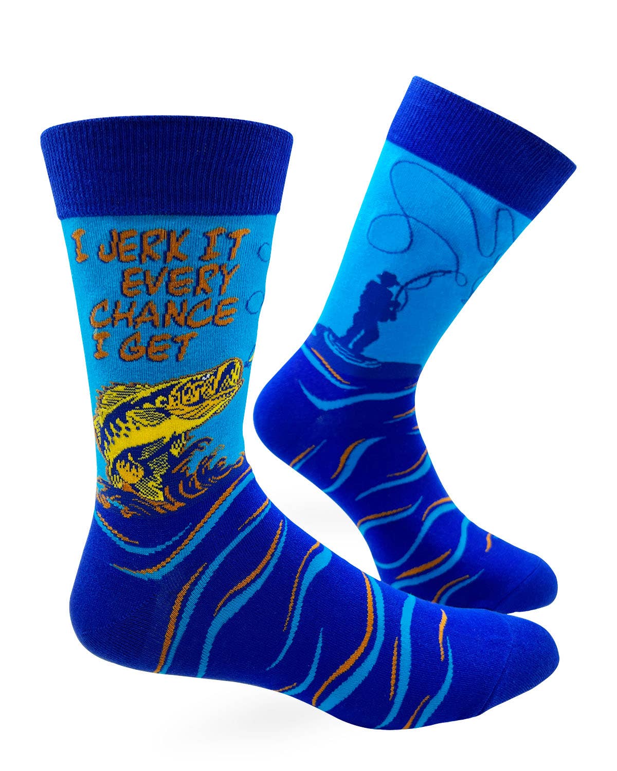 Blue socks with fishing design and text on a white background