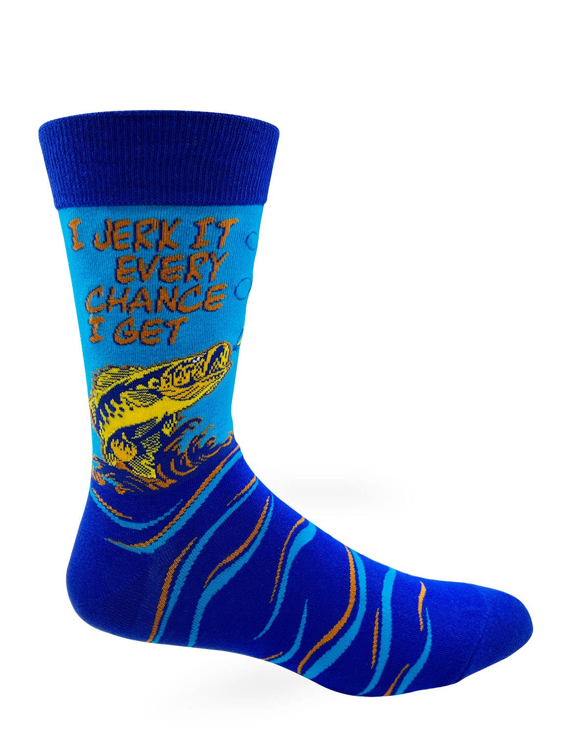 Blue sock with yellow text and fish design on a white background