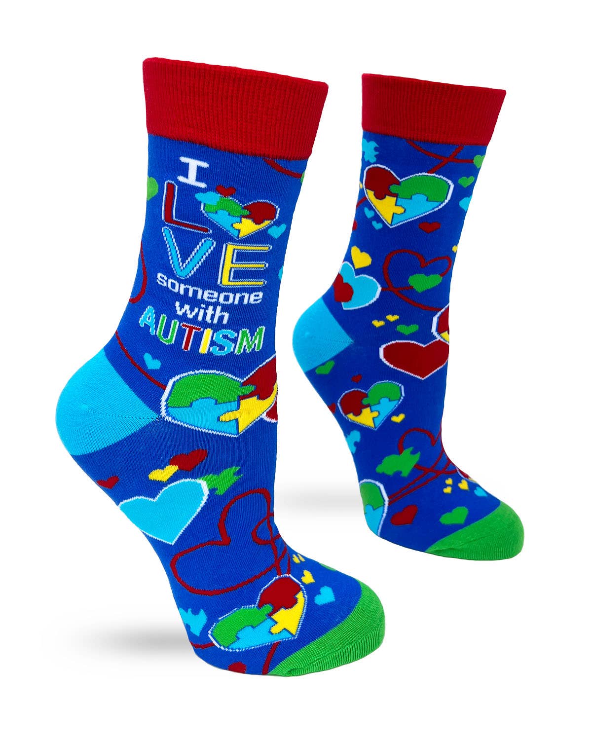 Colorful socks with autism awareness design on a white background