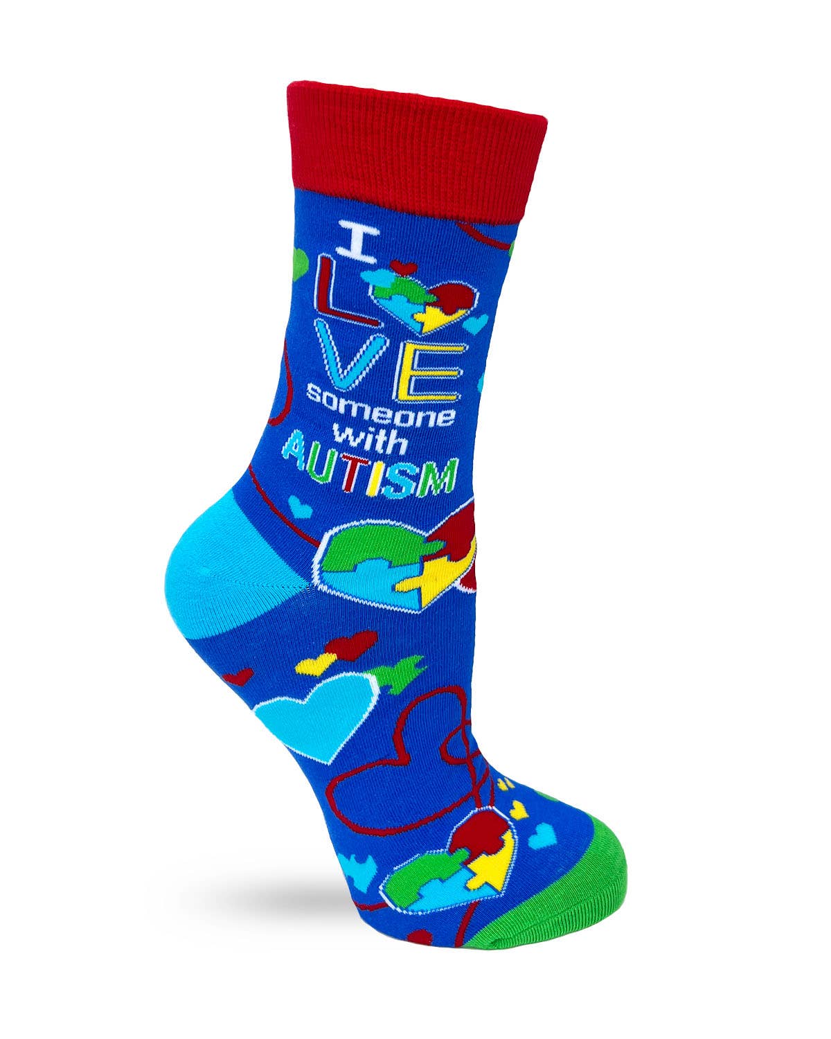Colorful sock with text and symbols on a white background