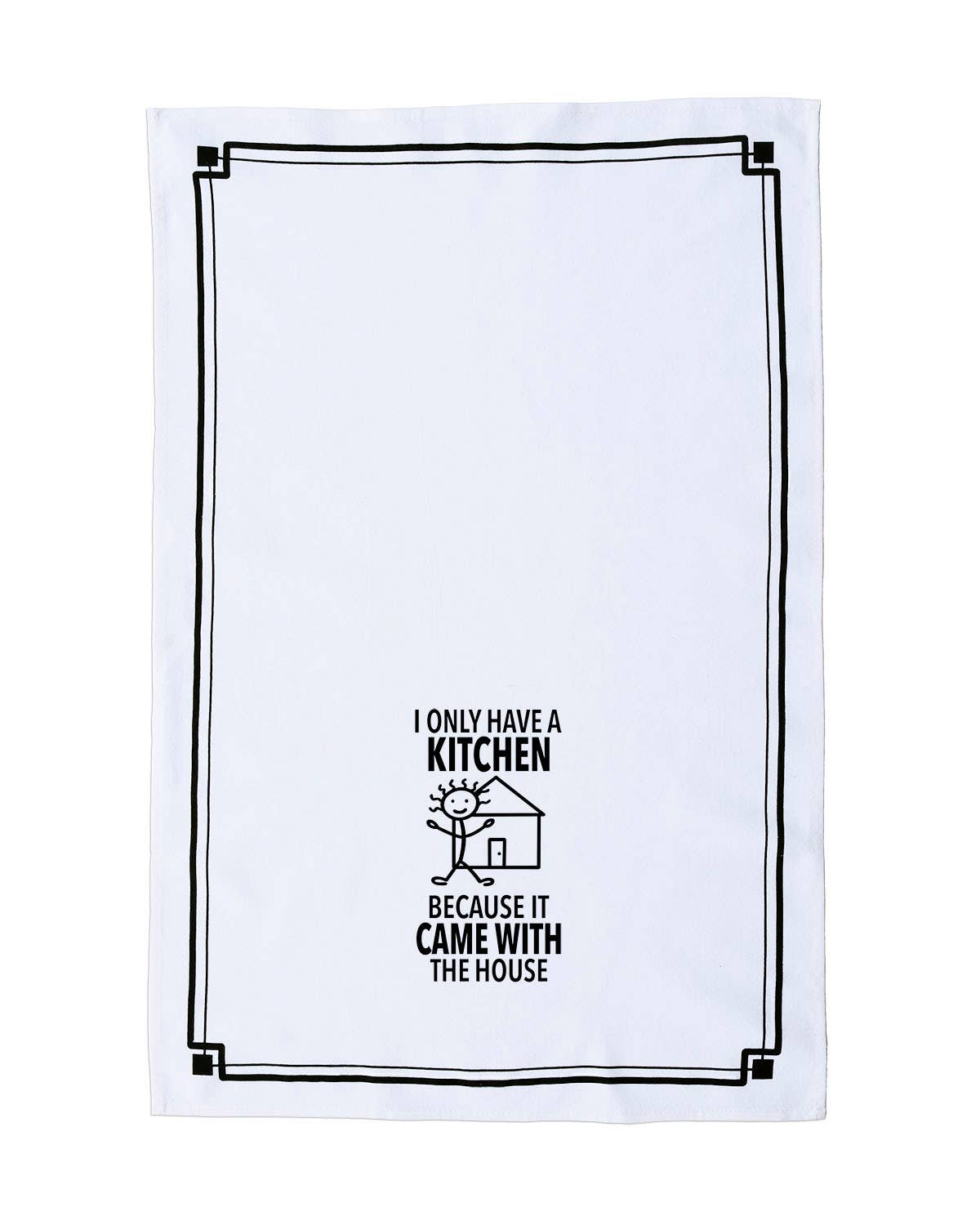 White towel with black text and graphic design on a white background