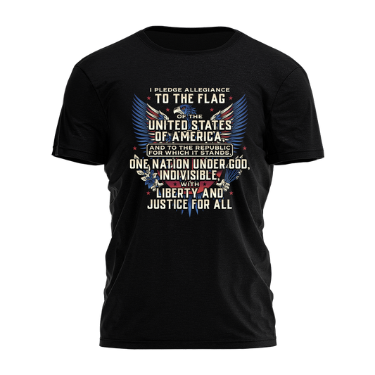 Black t-shirt with U.S. Pledge of Allegiance design on a white background