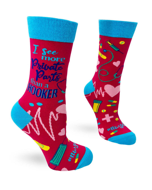 Colorful socks with text and graphics on a white background