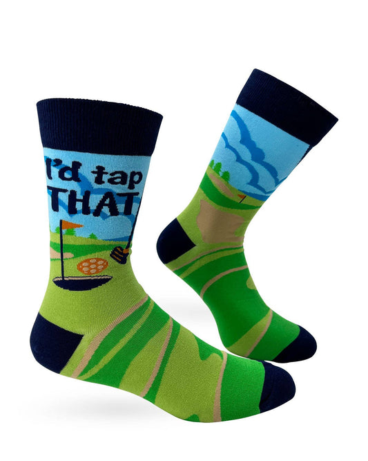 Golf-themed socks with a humorous saying on a white background
