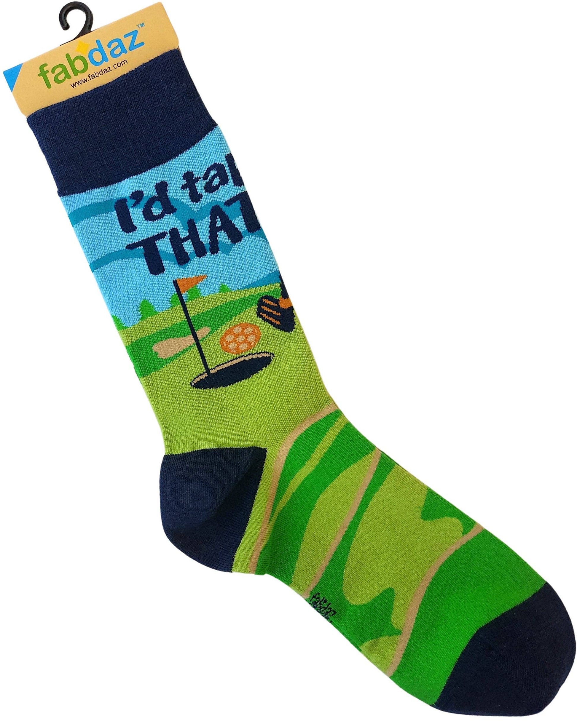 Golf-themed sock with 'I'd say THAT' text on a white background