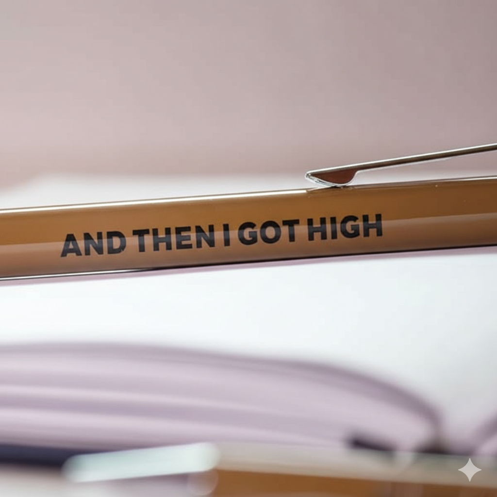 Gold pen with 'And Then I Got High' text on a blurred background