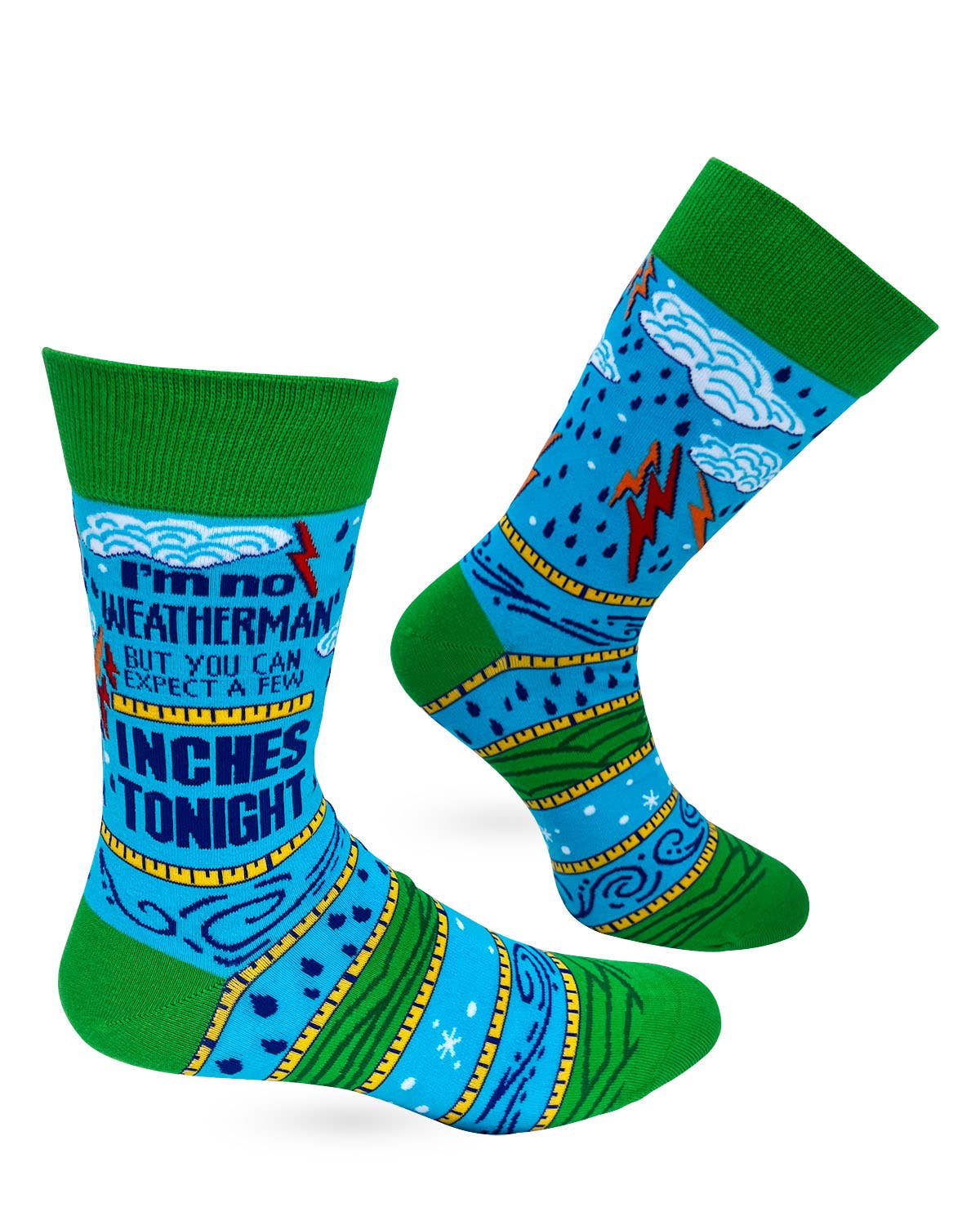 Colorful socks with text and patterns on a white background