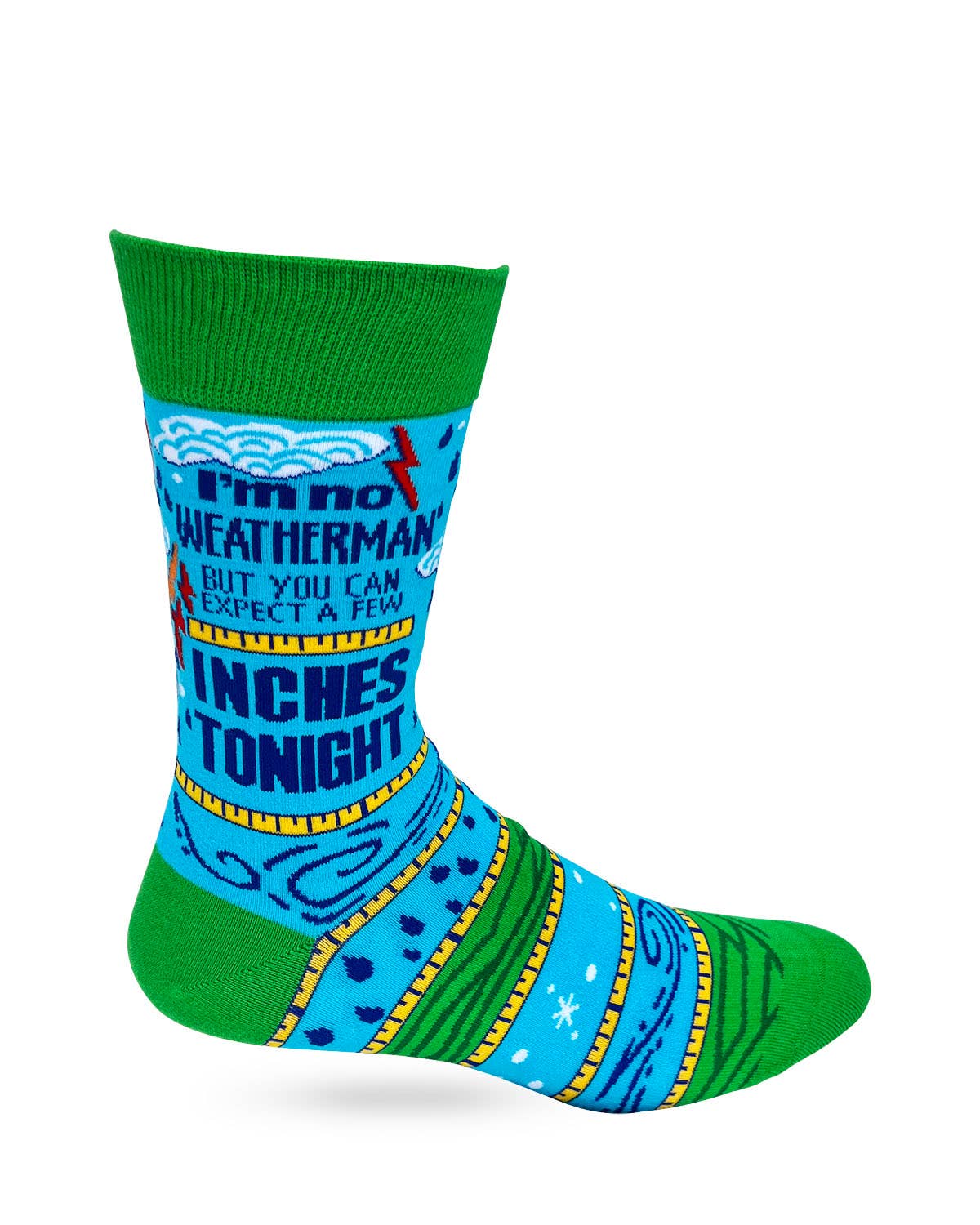 Colorful sock with text and patterns on a white background