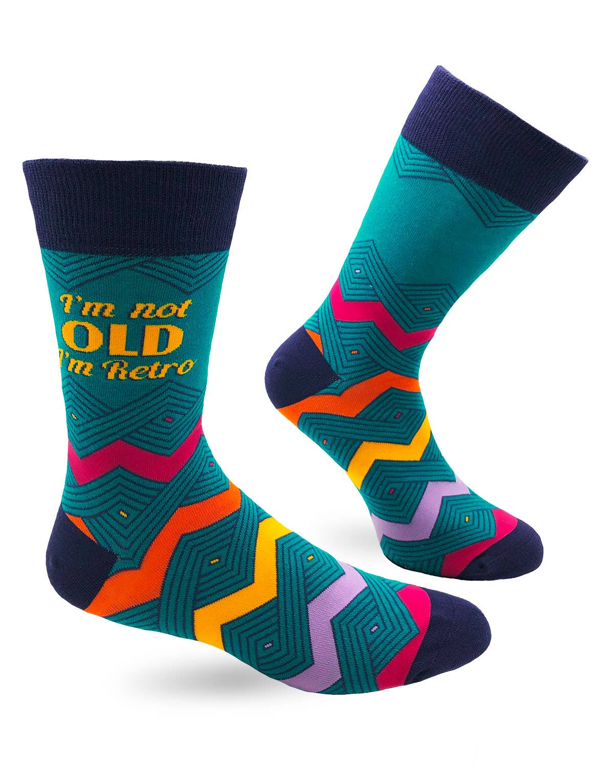 Colorful socks with geometric pattern and text on a white background