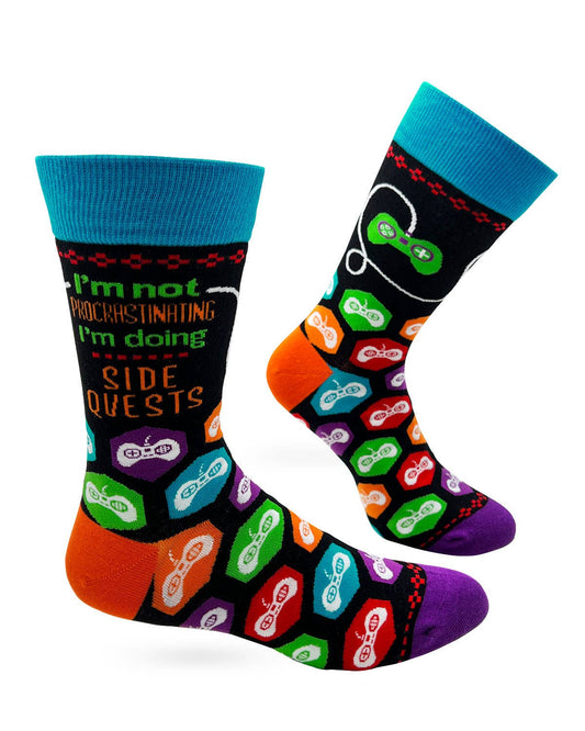 Colorful socks with gaming-themed designs on a white background
