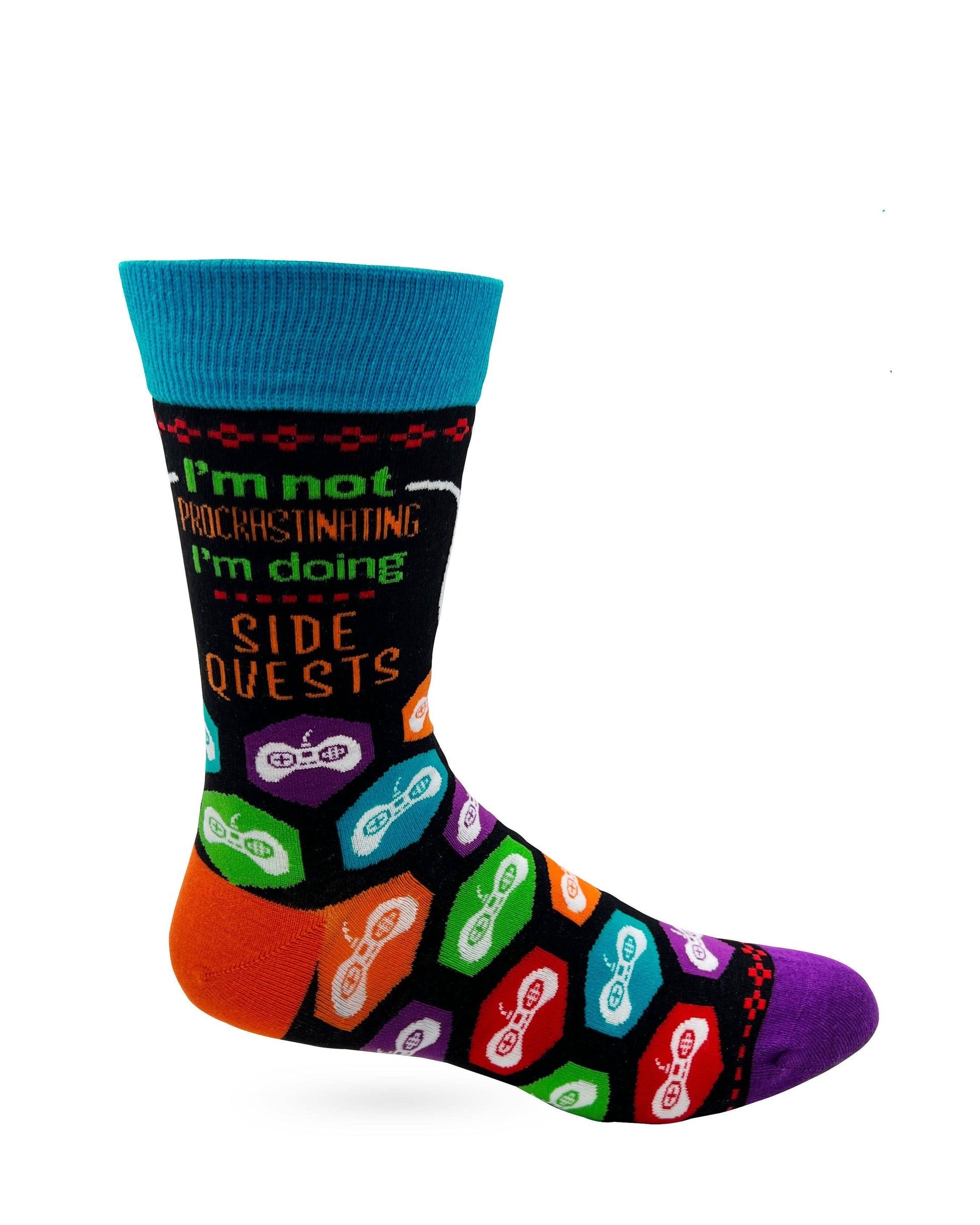 Colorful sock with text and graphics on a white background