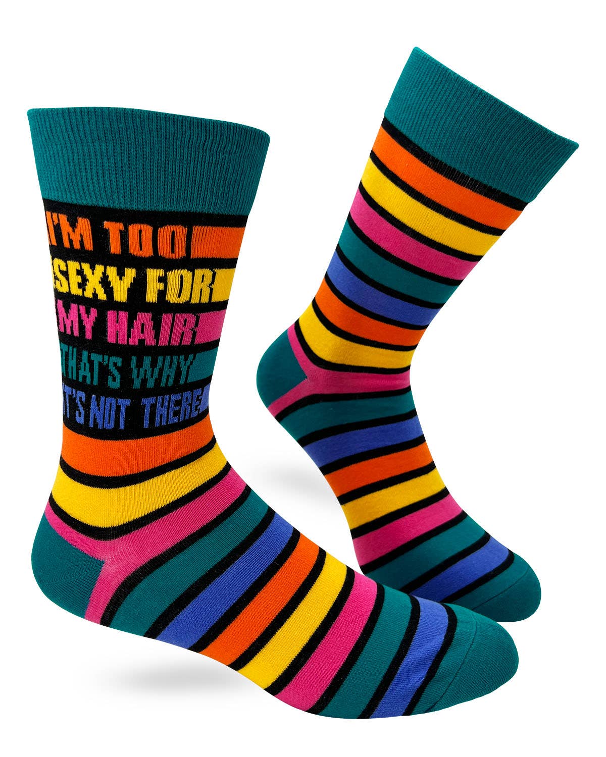 Colorful socks with text and patterns on a white background