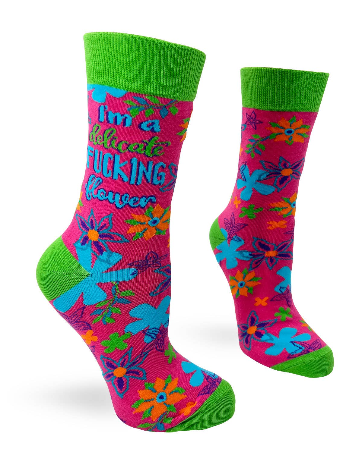 Colorful socks with floral patterns and text on a white background