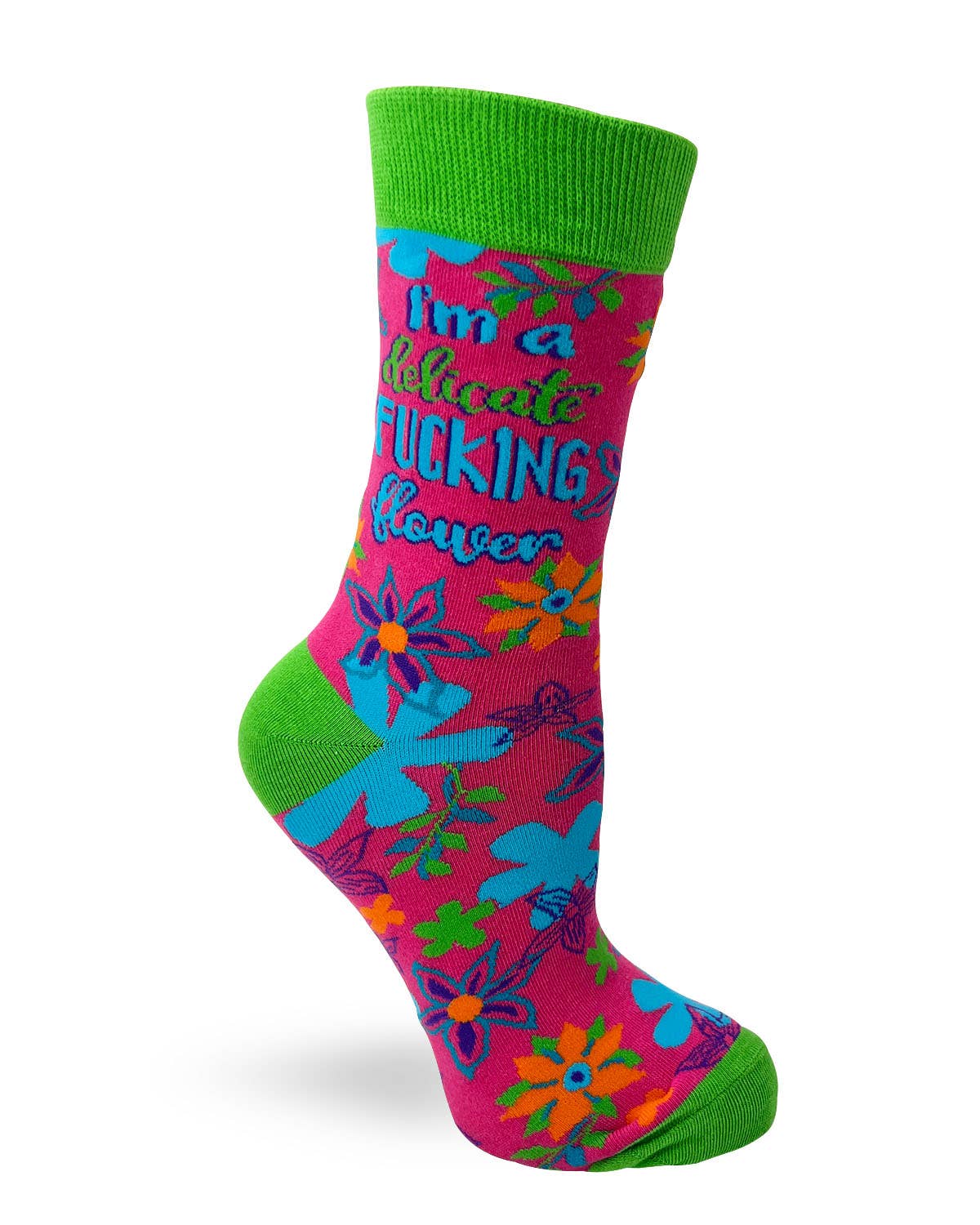 Colorful sock with floral design and text on a white background