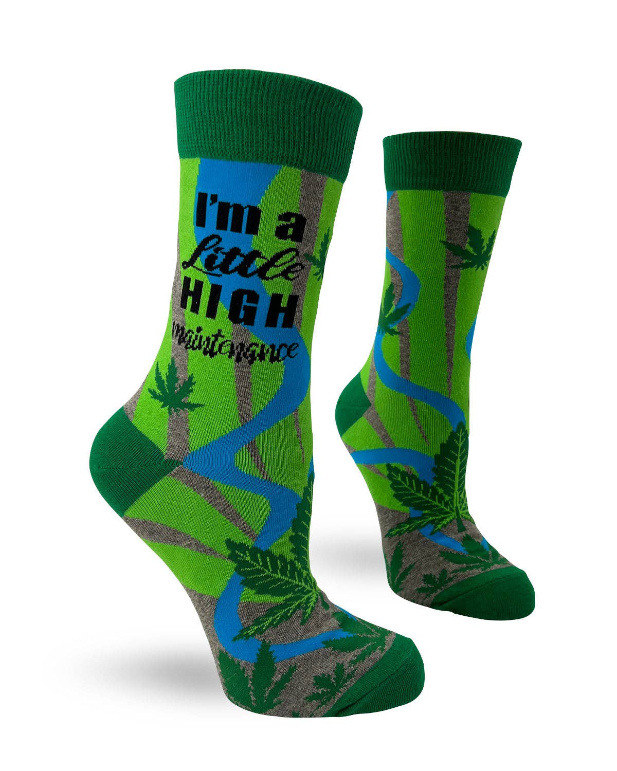 Green socks with marijuana leaf designs and text on a white background