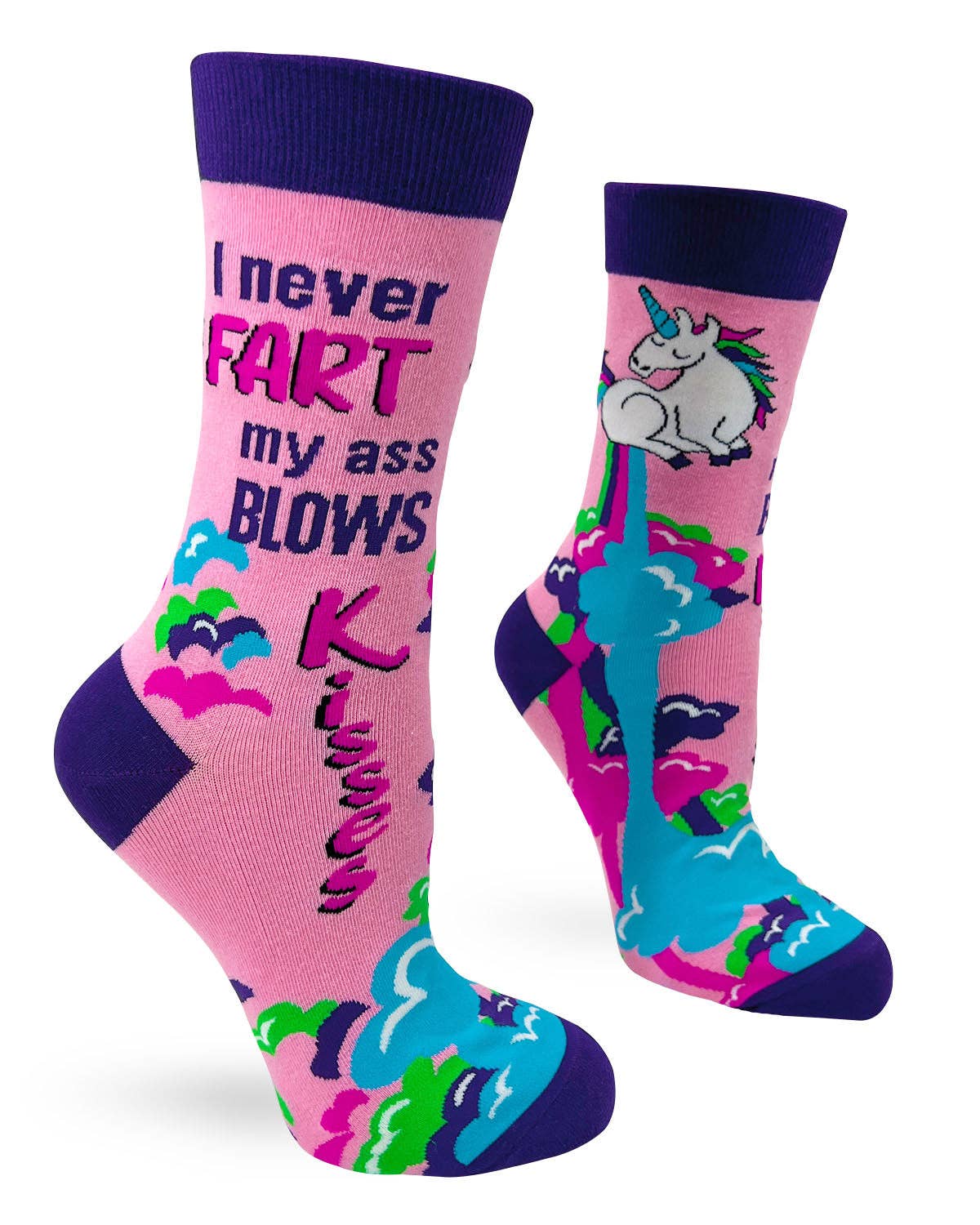 Pink socks with colorful designs and text on a white background