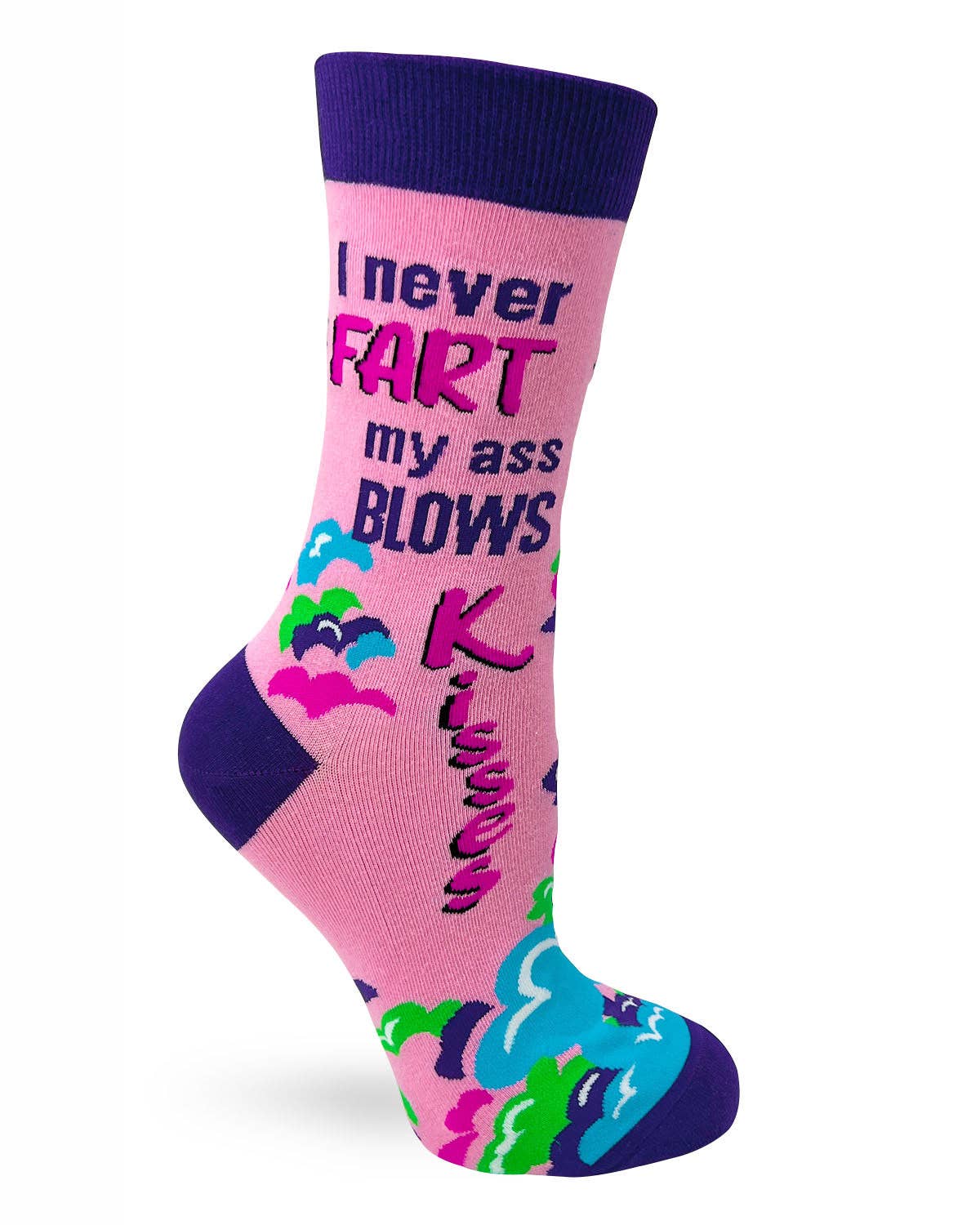Pink sock with colorful text and designs on a white background