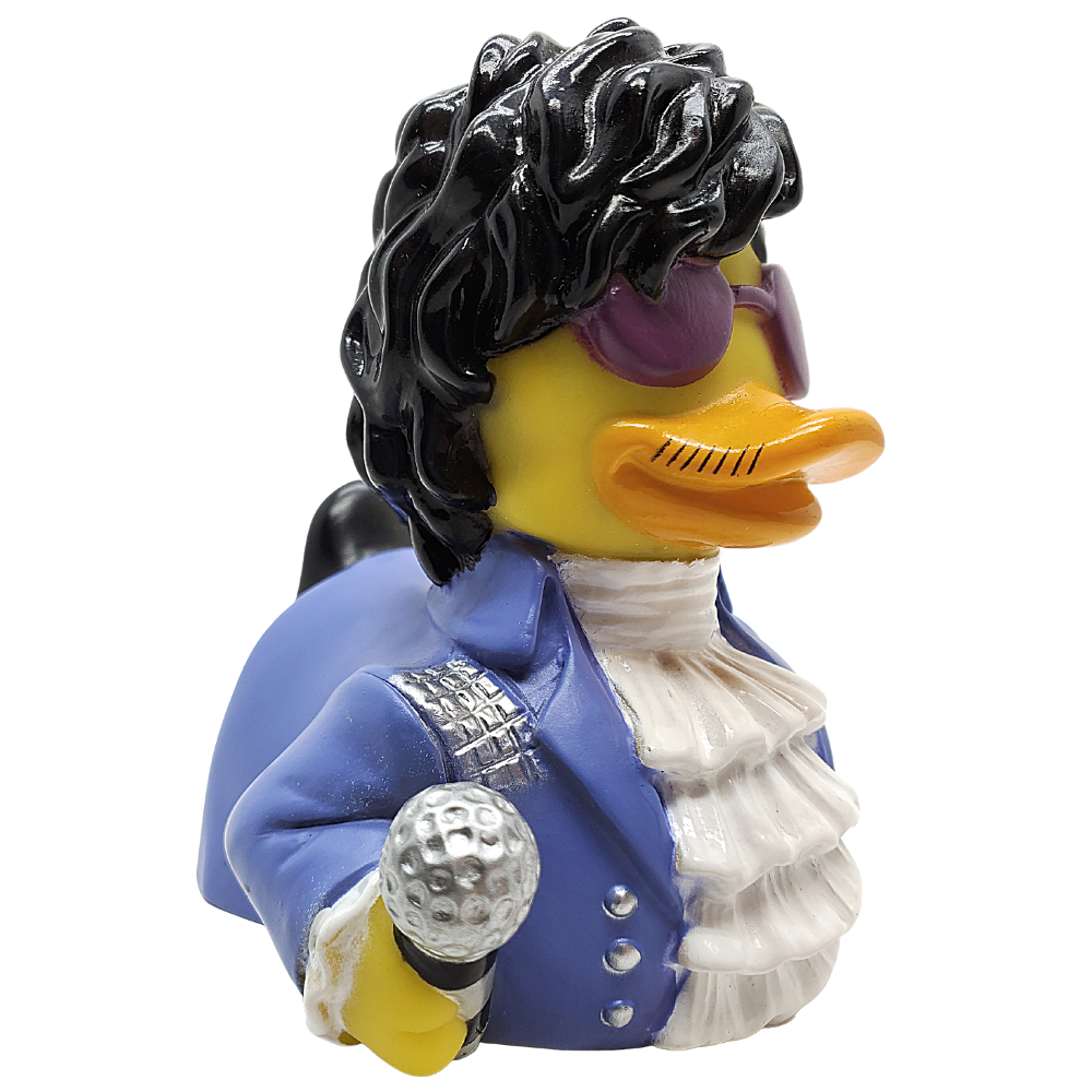 Rubber duck dressed as a stylish character with a blue jacket, white shirt, and black hair on a white background