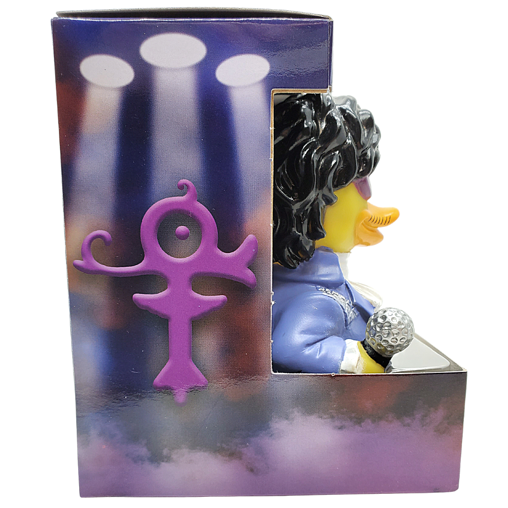 Duck figure with a microphone and purple symbol in a box with stage lights background