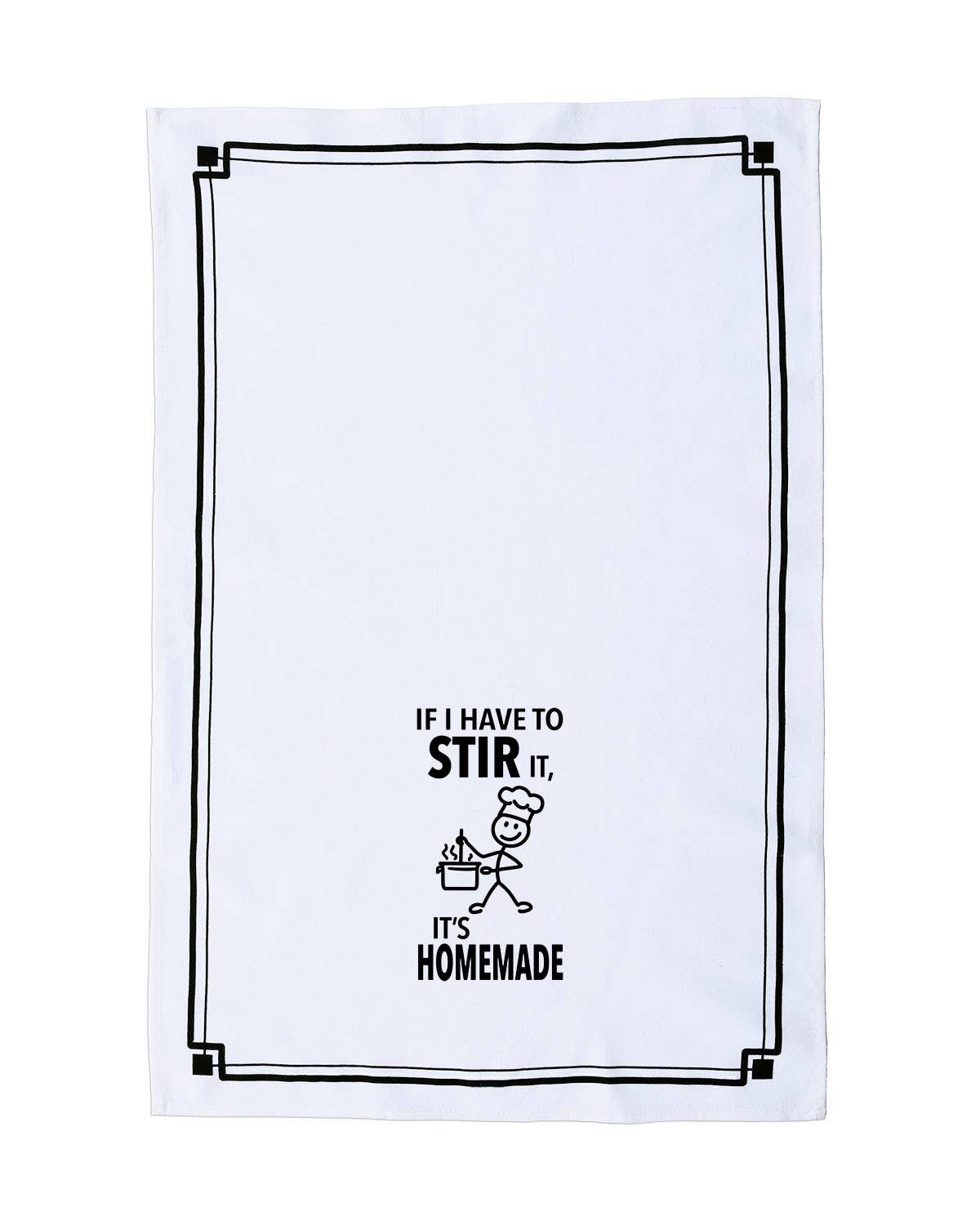 White towel with black text and graphic design on a white background