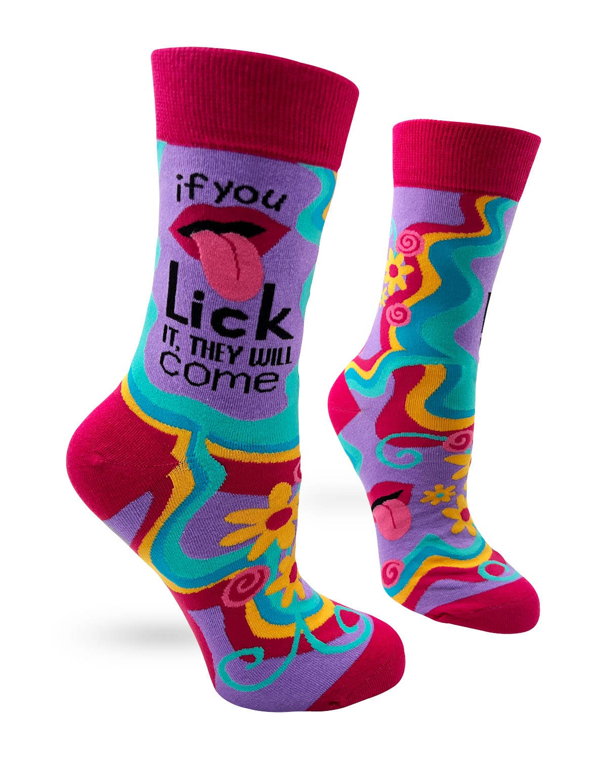 Colorful socks with a playful design and text on a white background