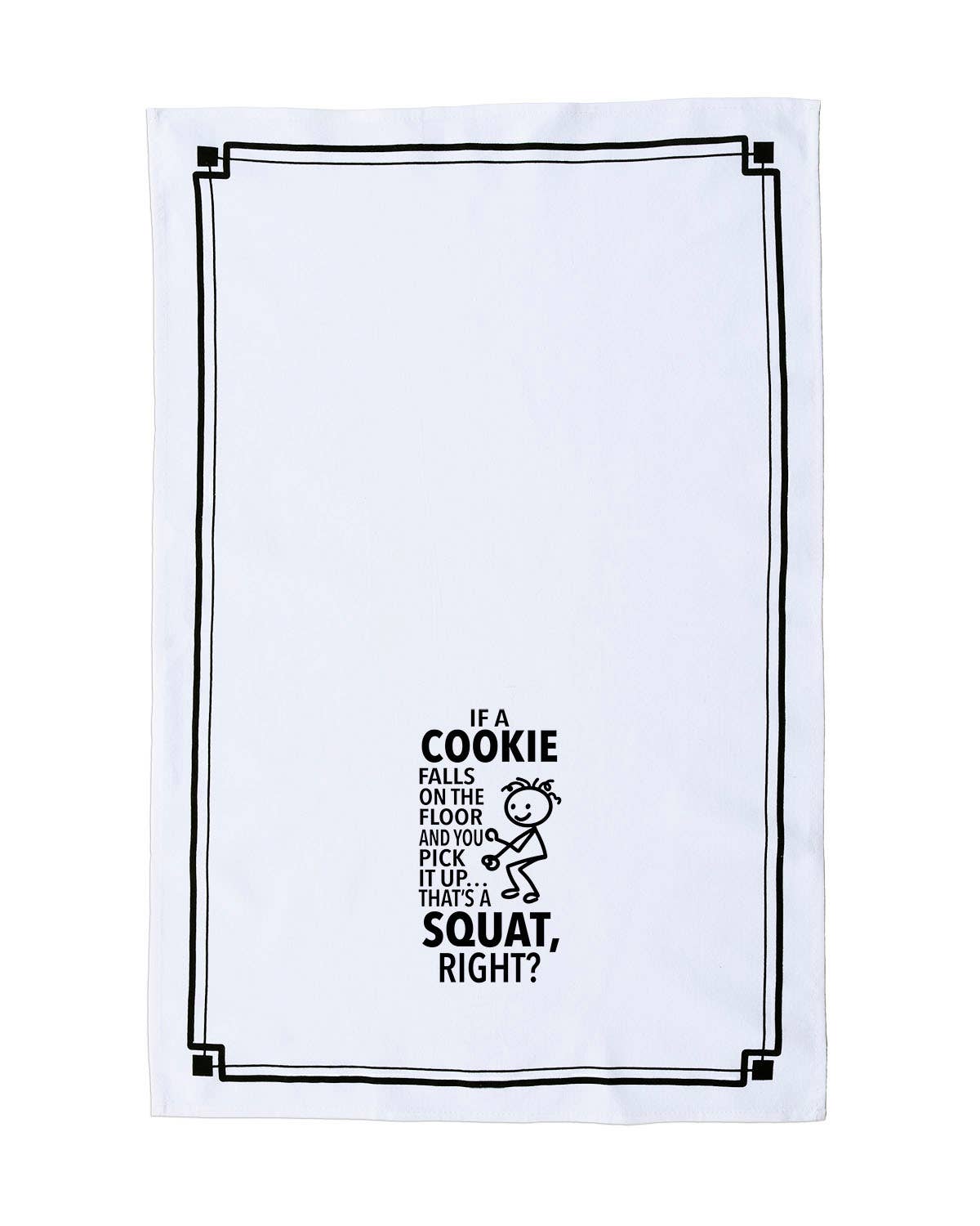 White towel with black text and graphic design on a white background