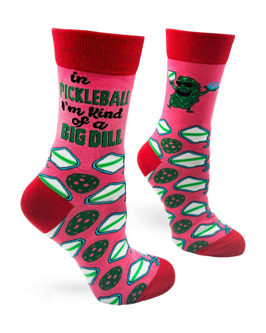 Pink socks with pickle design and text on a white background