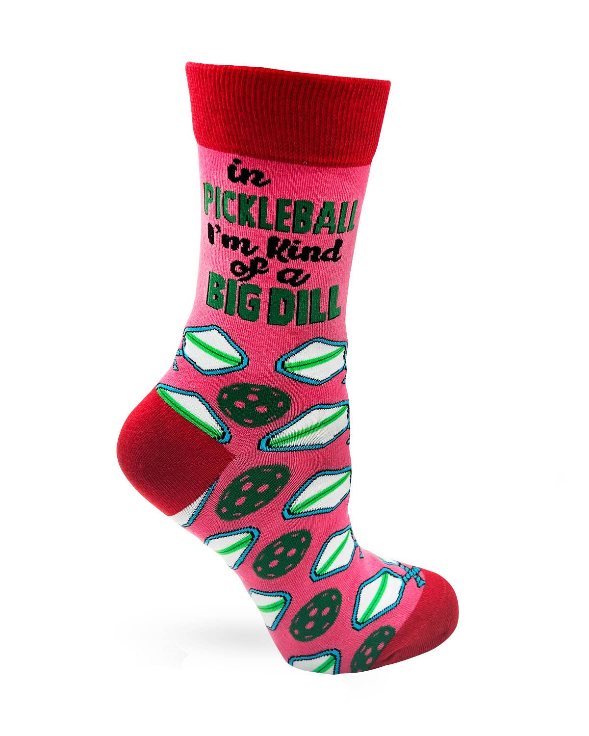 Pink socks with pickleball design and text on a white background