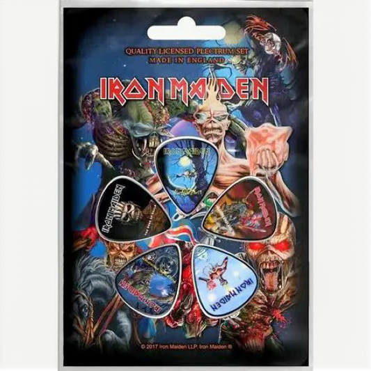 Iron Maiden guitar pick set packaging with multiple picks and band members on a dark background.