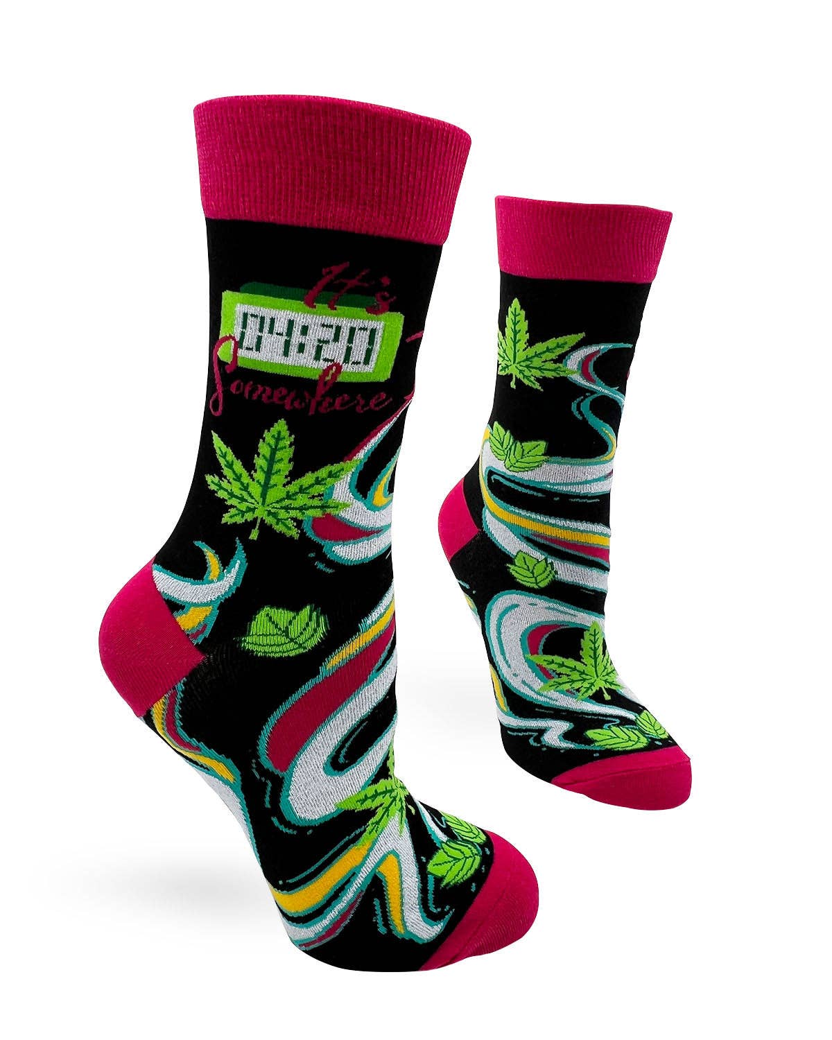 Colorful socks with cannabis leaf designs and text on a white background