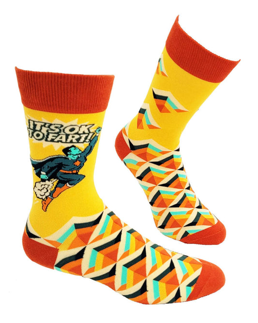 Colorful socks with geometric pattern and text on a white background